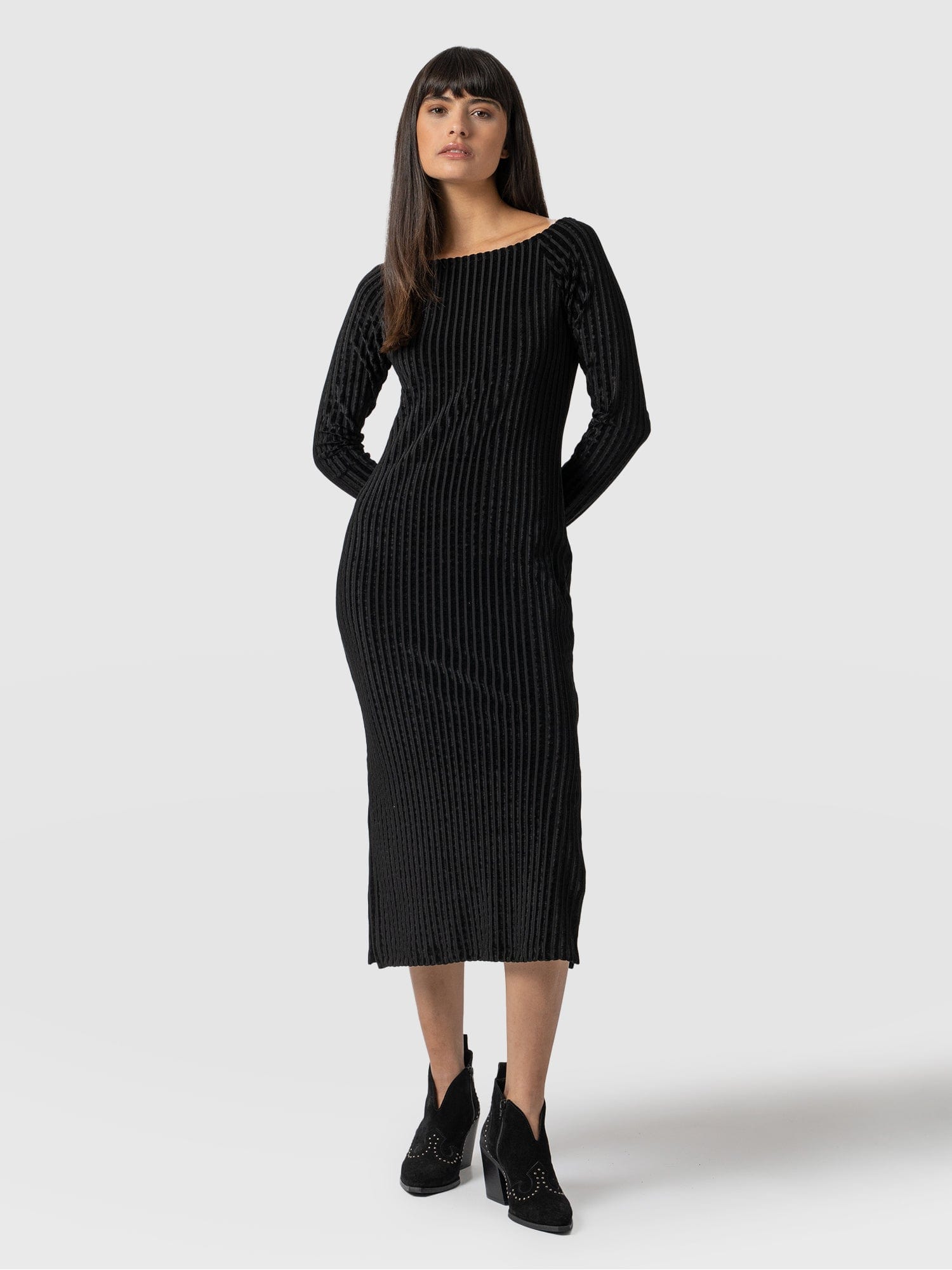 Riviera Long Sleeve Dress Black Stripe Velvet - Women's Dresses | Saint + Sofia® EU